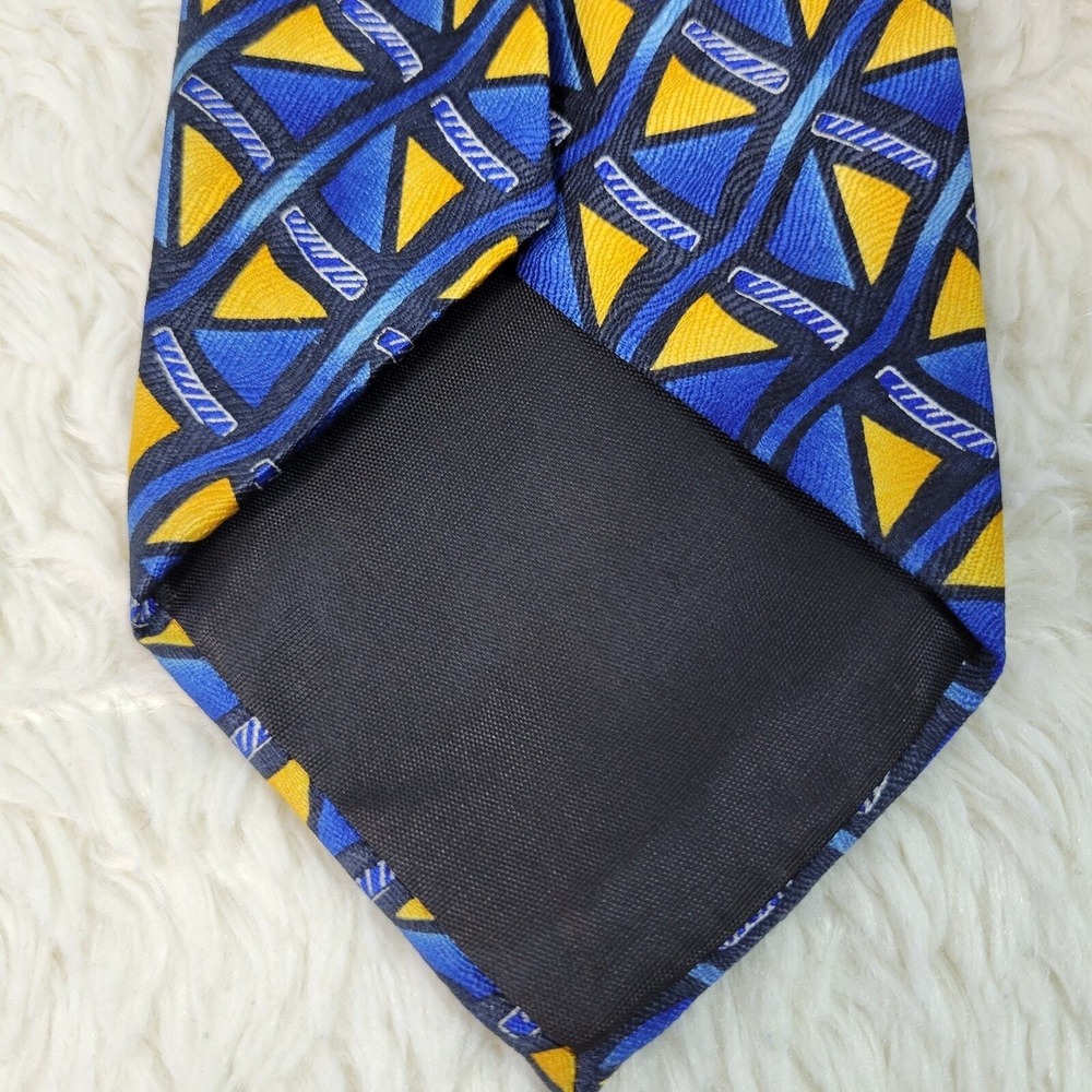 Vintage 90's Silk Necktie Men's Foulard Fence Patrern Blue & Yellow Geometric - Picture 4 of 8